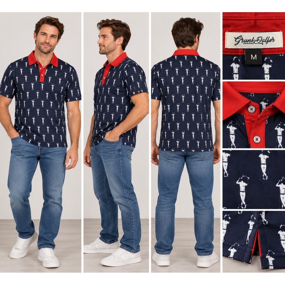 Grunk Dolfer Polo Shirt Mens M Navy Red Sporty Chic Preppy Golfer Performance